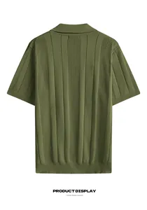 Close-up of olive green knitted polo shirt featuring intricate hollow-out stripe texture