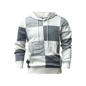 Men's grey and white checkered knit hoodie with drawstring hood and ribbed cuffs