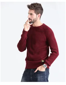 Professional shot of a stylish men's crewneck knit sweater in a deep burgundy wine red color