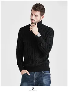 Detailed view of a men's black cable-knit turtleneck sweater with a slim fit design.