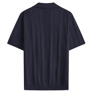Back view of navy blue short sleeve knit Polo shirt with vertical pointelle stripes