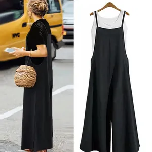 Side view of loose black wide-leg jumpsuit for women and studio detail shot on hanger
