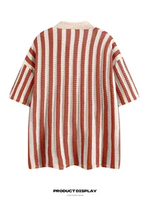 Back view of a trendy oversized vertical striped knit polo shirt with soft texture