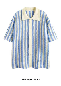 Full view showing vertical stripe pattern and button details of the knitted shirt