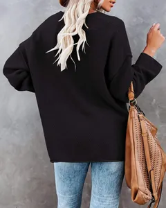 Back view of a casual oversized black waffle-knit cardigan sweater for autumn fashion outfits