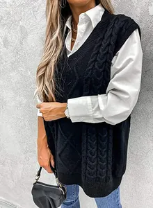 Débardeur en maille torsadée surdimensionné à col en V pour femmes en noir pour l'automne