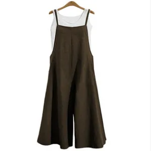 Close-up of brown casual loose wide-leg jumpsuit overalls with solid color design