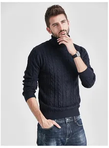 Macro view of a navy blue slim-fit cable-knit turtleneck sweater for men in winter