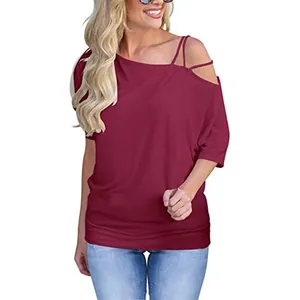 Close-up of woman wearing a burgundy cold-shoulder short-sleeve T-shirt