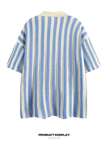 Detailed back view of a blue and white vertical striped knit short-sleeve shirt in a relaxed fit