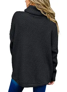Back view of women's oversized black chunky knit turtleneck sweater with casual fit.