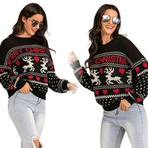 Pull de Noël ample en tricot pour femme avec motifs rennes et texte Merry Christmas