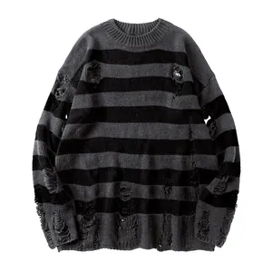 Acrylic Striped Jacquard Distressed Knitwear Men Streetwear Loose Round Neck Long Sleeve Pullover Top For Spring Autumn