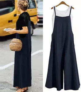 Casual wide-leg navy blue jumpsuit for women with a loose fit and minimalist back design.