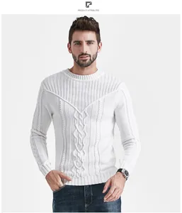 Maglione da uomo slim fit a girocollo in maglia a trecce bianca con motivi verticali