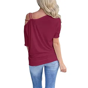 Detailed back view of a burgundy off-the-shoulder summer t-shirt with thin straps for women