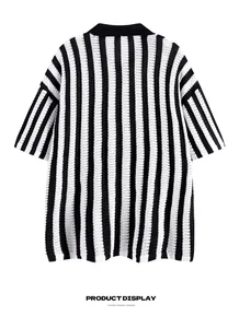 Detailed back view of a summer knit shirt featuring bold black and white vertical stripes