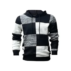 Men's casual patchwork knit hoodie in black, white, and grey checkered pattern