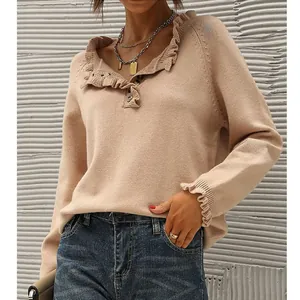 Women's casual long-sleeved beige knit sweater with ruffle collar and button details