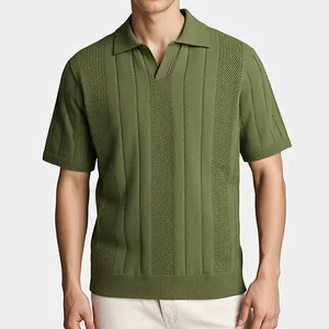 Men's Casual Short Sleeve Knitted Polo Shirt Hollow Out Texture Lapel V-Neck Knitted Top Summer Breathable Jacquard T-Shirt