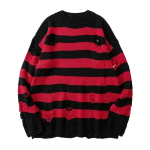 Streetwear oversized red and black horizontal striped distressed knit sweater with holes