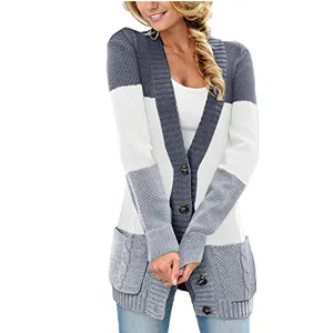 Casual women's mid-length color-block knitted cardigan with pockets and buttons