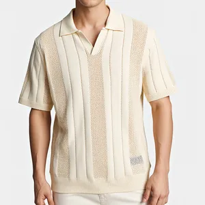 Men's cream knit short sleeve polo shirt with vertical stripes and hollow mesh detail