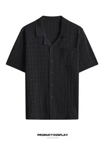 Classic black textured knit short sleeve polo shirt for men with button-up front design