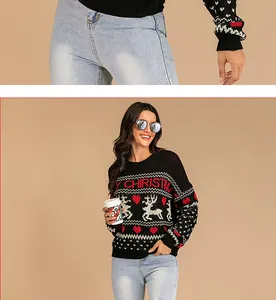 Pull en maille noir festif avec rennes rouges et motifs de cœur pour la saison de Noël