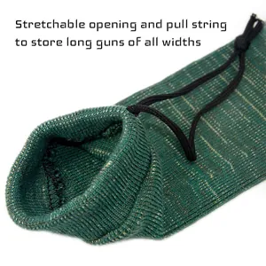 Detailed view of the stretchable opening and pull string on a green knitted gun sock