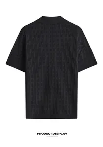 Detailed back view of a black men's knitted polo shirt featuring textured vertical mesh patterns