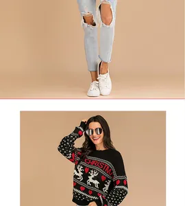 Vue détaillée d'un pull de Noël noir avec des motifs de rennes et de cœurs.