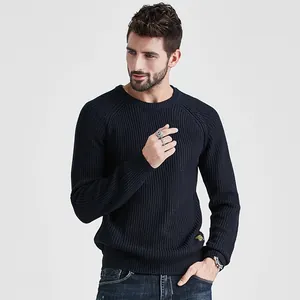 Men's navy blue crew neck ribbed knit sweater for autumn and winter fashion style