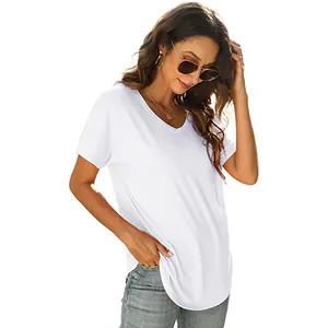 Stylish women's white V-neck short sleeve casual summer top shown on fashion model