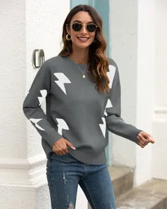 Casual gray knit sweater featuring white lightning bolt patterns for women's autumn fashion