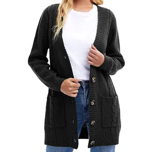 Close-up detail of a dark grey longline knit cardigan with textured pockets and button closure