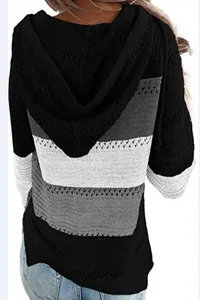 Damen Strickpullover mit Kapuze im Colorblock-Design und feinem Lochmuster in der Rückansicht