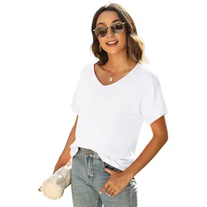 Stylish white V-neck short sleeve summer T-shirt for women, casual basic loose fit top.