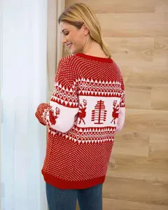 Back view of women's red Christmas sweater with reindeer and tree jacquard patterns