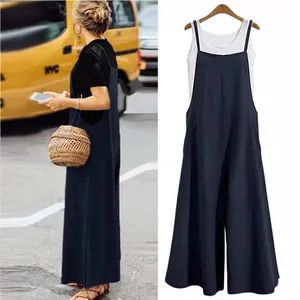 Elegant loose casual solid color wide leg jumpsuit for women in a minimalist fashion style