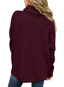 Rear view of a chunky burgundy turtleneck knit sweater featuring loose casual fit design