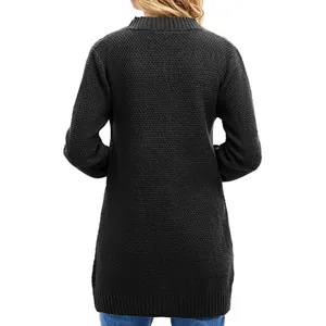 Back view of women's long sleeve knitted cardigan in dark grey honeycomb texture.