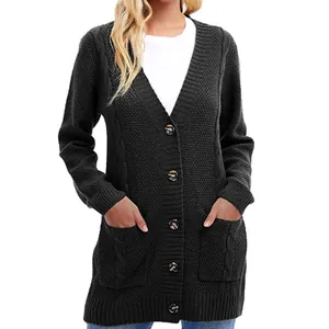 Close-up of women's dark charcoal cable-knit cardigan with pockets and buttons