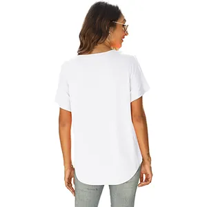 Rear view of a casual women's white short sleeve T-shirt featuring a curved hem design