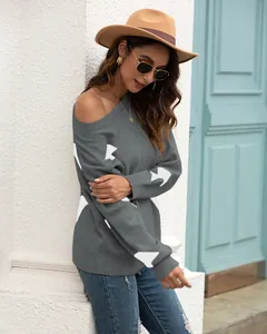 Stylish women's off-the-shoulder grey sweater with white star jacquard pattern detail