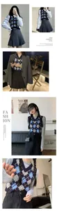 Collage di stili che mostra gilet in maglia a rombi con scollo a V per donne