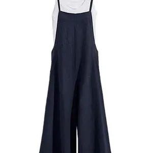 Sleeveless navy blue loose wide-leg jumpsuit with minimalist casual design for women