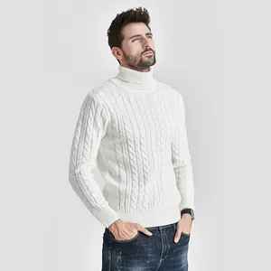 Classic men's slim fit white cable knit turtleneck sweater for autumn and winter comfort