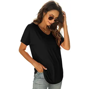 Close-up of a model wearing a basic black V-neck short sleeve T-shirt for summer.