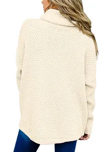 Back view of women's oversized off-white turtleneck knit sweater with textured jacquard